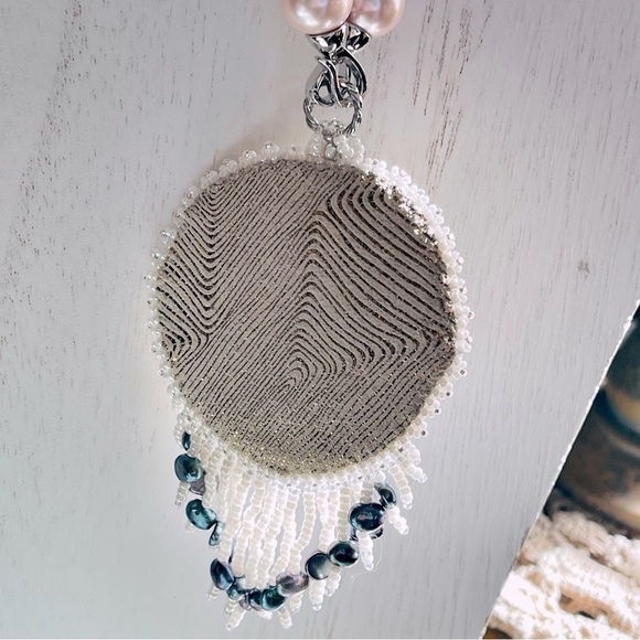 DANLENA Long Beaded Pearl Silver Necklace Earring Set Leather Handmade N… - Picture 5 of 7